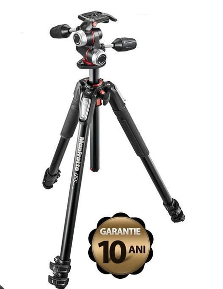 Trepied foto Manfrotto cu cap 3Way, cap rotativ și picioare trepied negre
