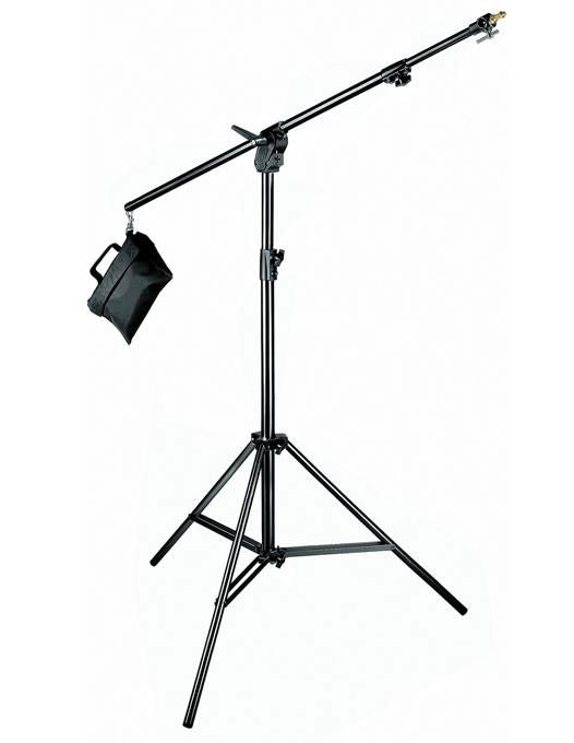 Stativ Manfrotto cu braț tip boom și suport pentru lampă, trepied negru