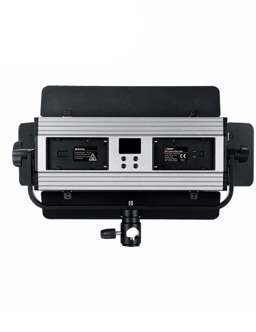 Rear panel of 40W bicolor LED video light with ports, power label, and mounting slots