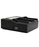 Dual LCD battery charger base with USB port and power connector slot