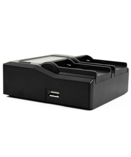 Dual LCD battery charger base with USB port and power connector slot