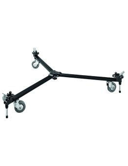 Manfrotto camera dolly base with caster wheels and support arms, black metal
