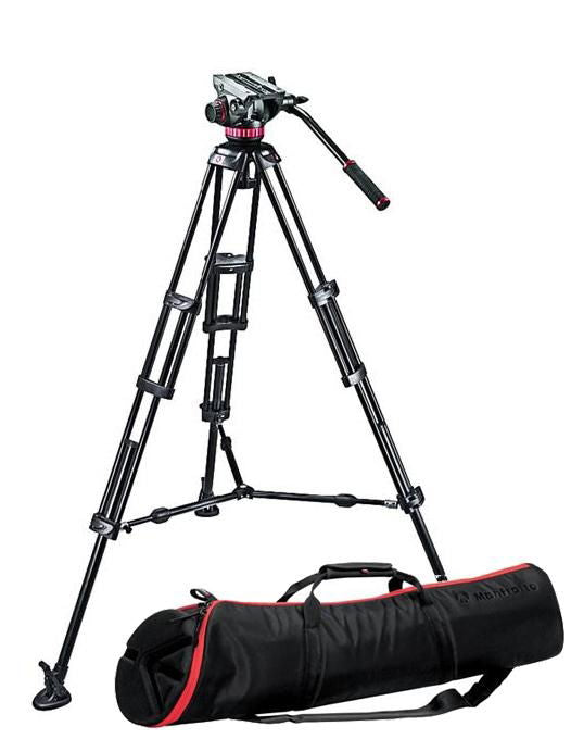 Trepied video Manfrotto negru cu geantă de transport, picioare din 3 segmente