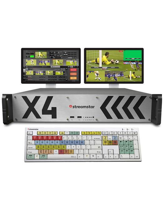 X4 live multicam streaming system: rack unit with preview monitors and control keyboard
