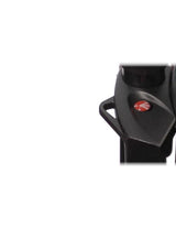 Black tripod head plate corner with red circular logo insert