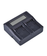 Dual battery charger with two cradle bays and LCD display, no batteries installed