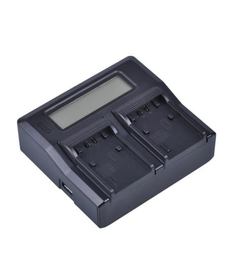 Dual battery charger with two cradle bays and LCD display, no batteries installed