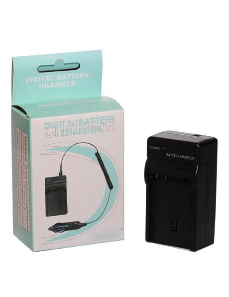 Black battery charger with visible connector, compact travel design
