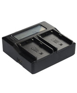 Dual LCD battery charger with two bays, front view showing status screens