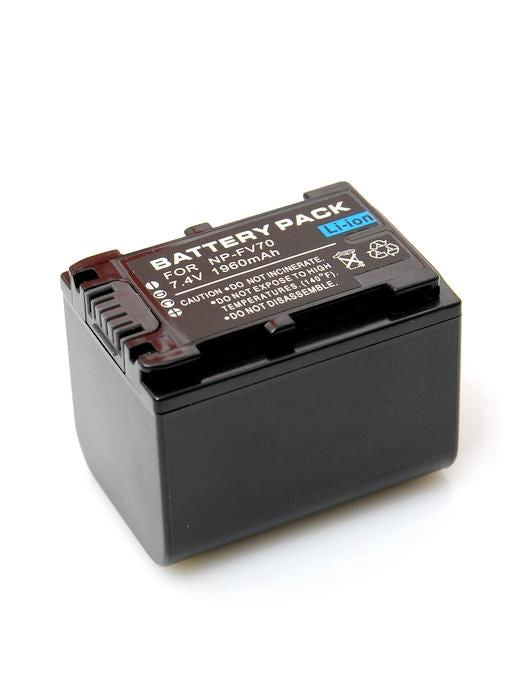 NP-FV70 Li-ion battery pack label with capacity and safety markings, contacts
