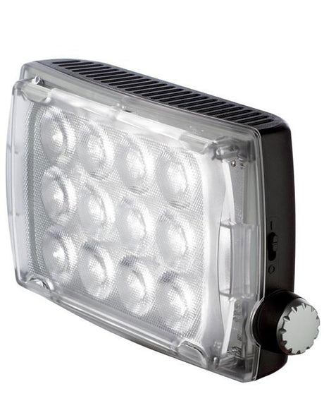 Proiector LED Manfrotto cu panou transparent, radiator negru și buton lateral