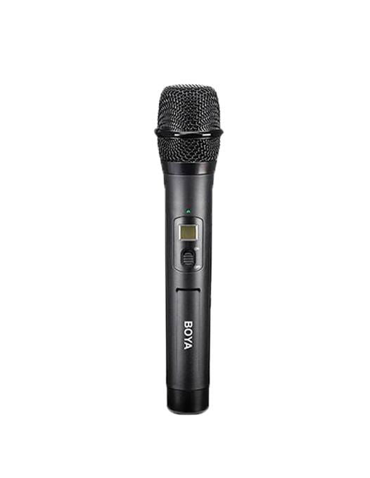 Handheld wireless microphone with OLED display and control buttons, dark black