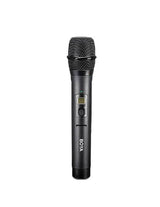Handheld wireless microphone with OLED display and control buttons, dark black
