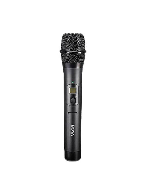 Handheld wireless microphone with OLED display and control buttons, dark black