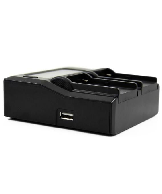 Compact charger base with USB port and two battery slots, black