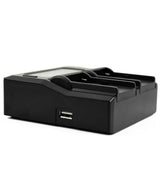 Compact charger base with USB port and two battery slots, black