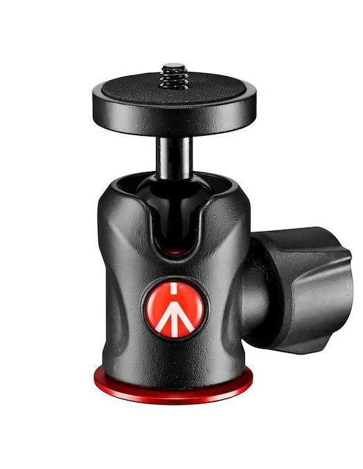 Black photo tripod head with round top plate and red-arrow control button