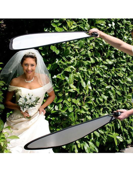 75cm triangular reflector with white inner panel, gripped above for light bounce