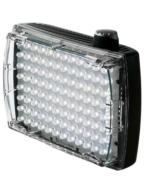 Lampa video LED dreptunghiulară, carcasă neagră și panou cu diode albe.