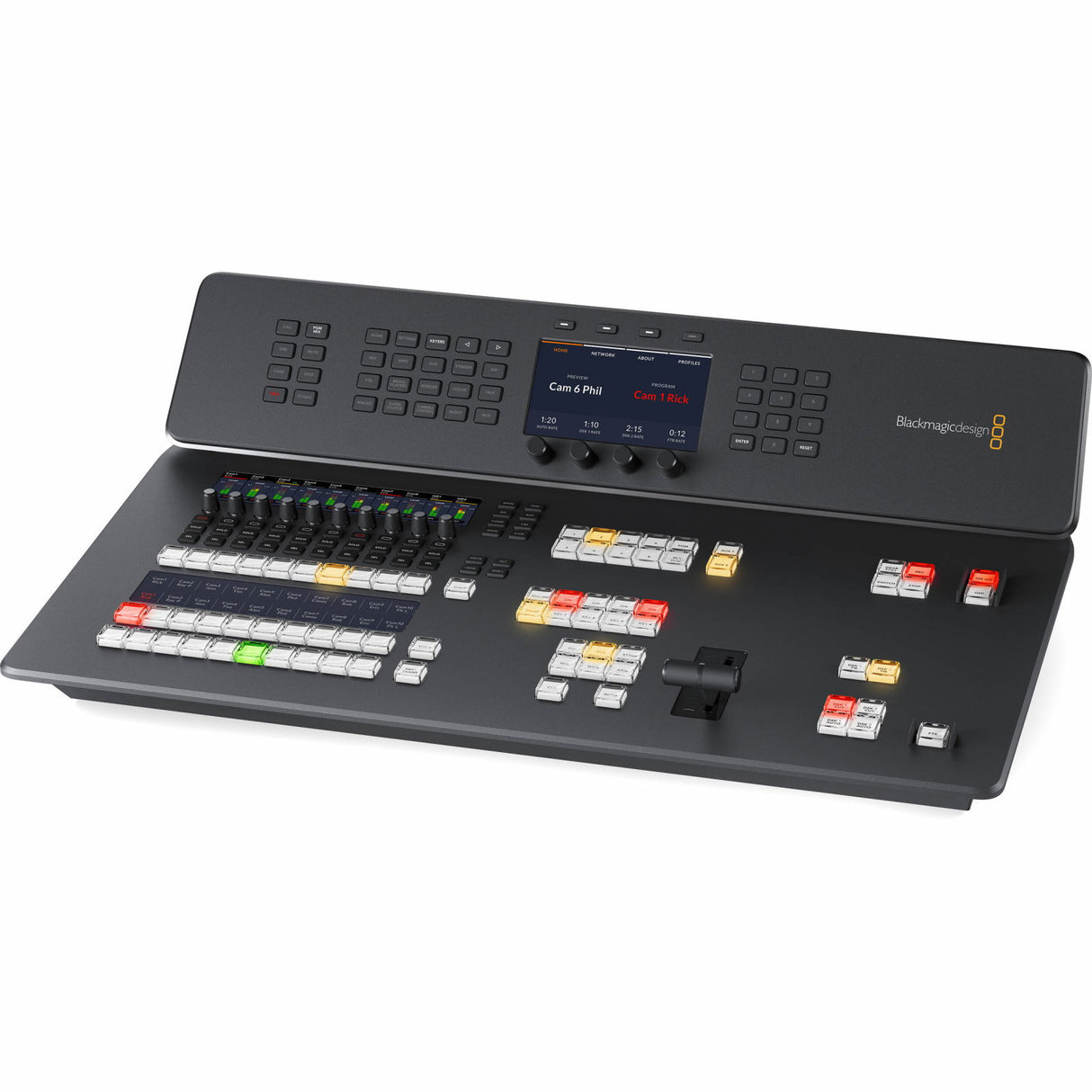 ATEM Television Studio HD8 wide front view of switcher panel with illuminated controls