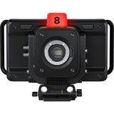 Front view of black studio camera with centered lens and red “8” top marker