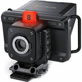 Black studio camera with lens port, red “8” control, and side handle grips