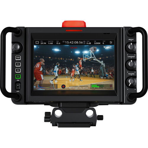 Compact studio camera with built-in screen displaying live video and control buttons