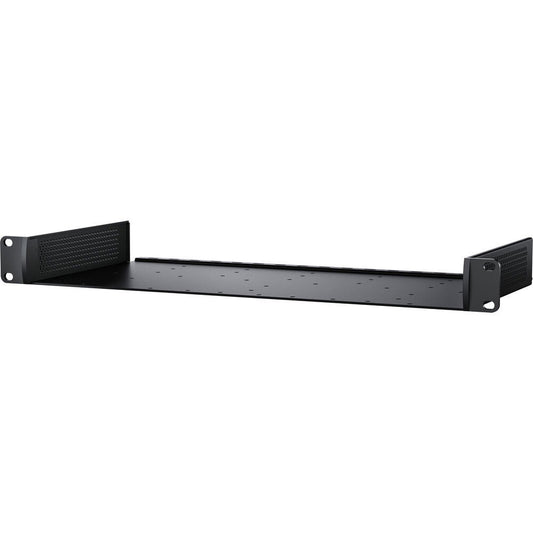 Black universal rack shelf with perforated end panels and mounting holes