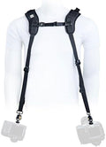 Black double camera strap harness with two hanging clips and adjustable buckles