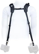Black double camera strap harness with two hanging clips and adjustable buckles