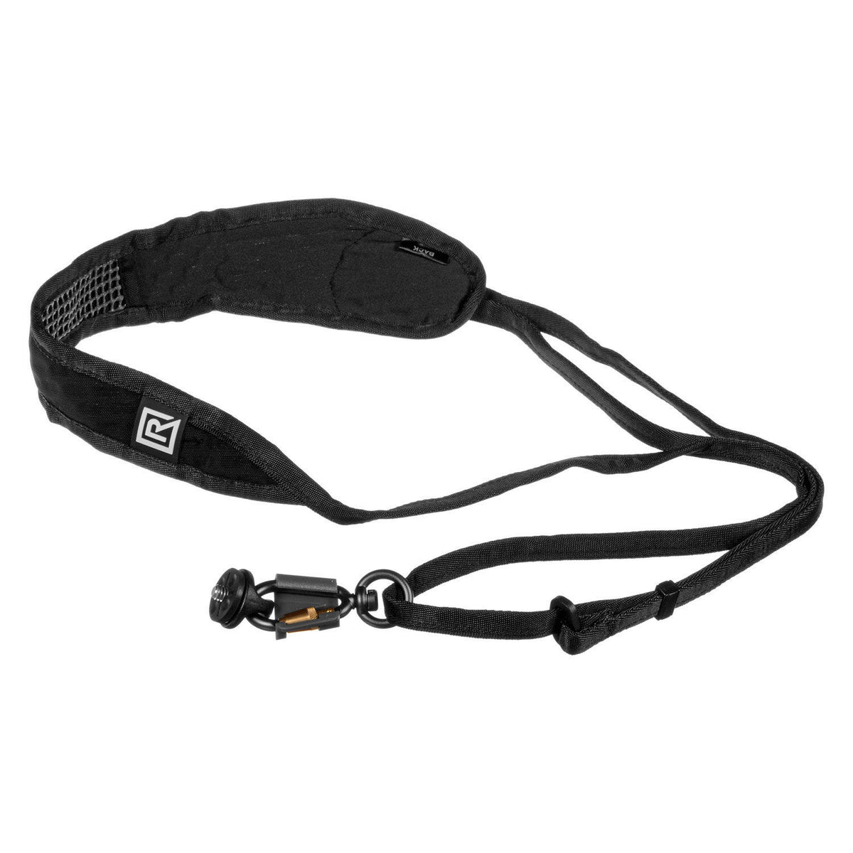 Black strap camera/gear carrying system with adjuster cords and logo patch