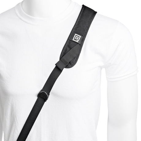 Black padded camera strap with logo patch on shoulder pad and fastening tab