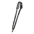Black camera strap with padded shoulder section and adjustment buckles