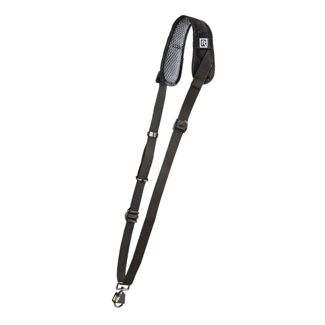 Black camera strap with padded shoulder section and adjustment buckles