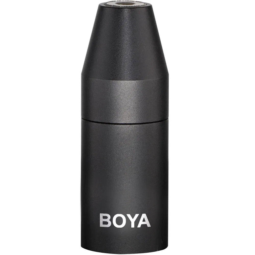 Adaptor BOYA mini Jack la XLR, corp cilindric negru cu logo BOYA