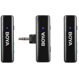 Două emițătoare microfon wireless negre cu mufă jack, LED albastru