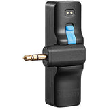 Emițător microfon wireless negru cu suport și mufa jack, indicator albastru