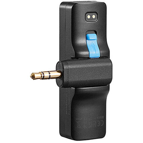 Emițător microfon wireless negru cu suport și mufa jack, indicator albastru