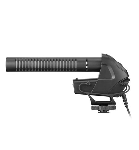Shotgun condenser microphone side view with ribbed tube and controls
