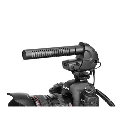 Shotgun condenser microphone with ribbed barrel and shock mount