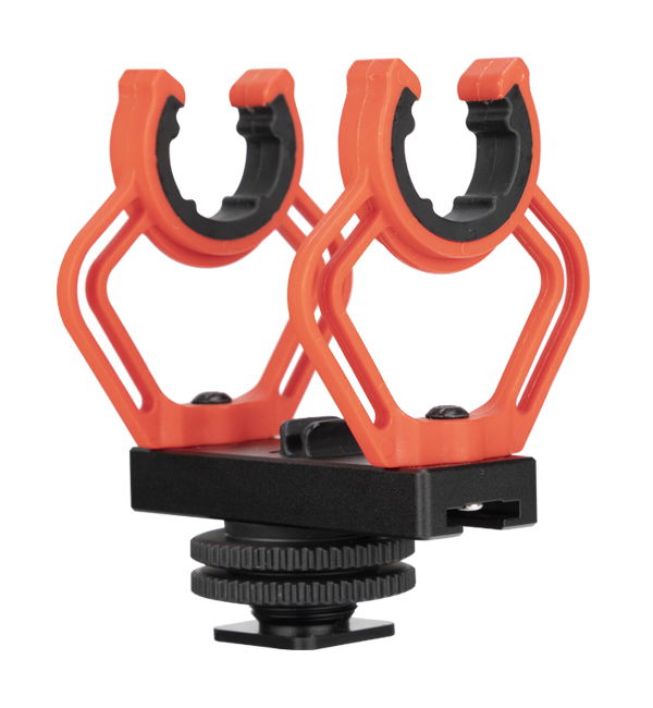 Dual cradle shock mount for shotgun microphone with red-and-black arms