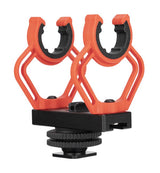 Dual cradle shock mount for shotgun microphone with red-and-black arms