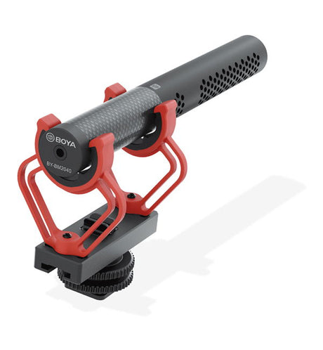Shotgun condenser microphone with red shock mount and gray windscreen