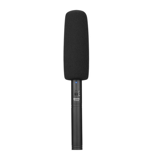 Shotgun microphone with black foam windscreen on a slim cylindrical body