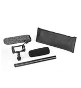 Shotgun mic kit with foam windscreen, shock mount, furry cover, and black storage pouch