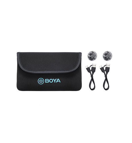 Set lavalier: husă textilă neagră, 2 microfoane tip spumă și cabluri USB