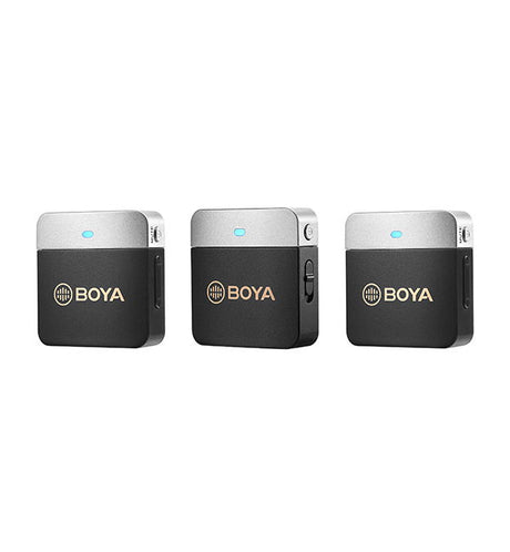 Wireless lavalier mic unit with side ports, black and silver body and blue status light