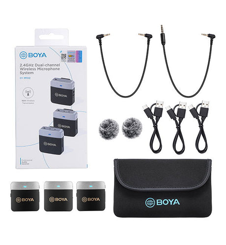 Wireless dual-channel lavalier microphone kit with two mics, cables, and carrying pouch