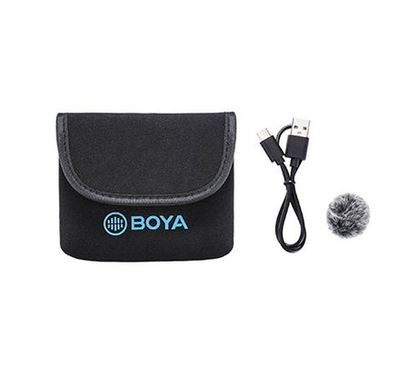 Geantă neagră, cablu USB și paravan vânt pentru microfon lavalier wireless