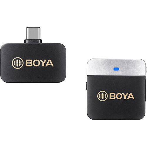 Transmițător wireless lavalier USB‑C negru și gri, cu LED albastru
